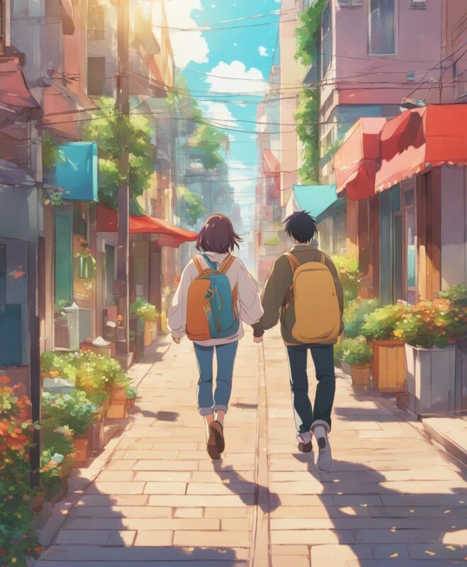 2020s anime high resolution screengrab couple walking away in street at daytime