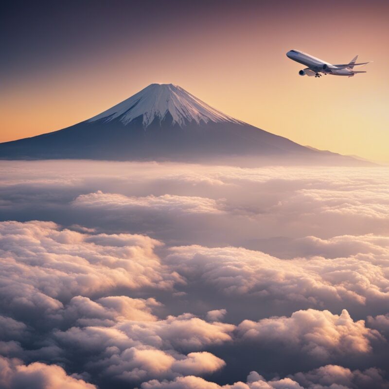 Mt. Fuji and airplane with sunrise from 10000m height view